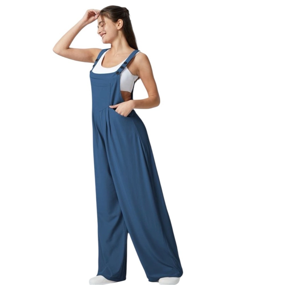 HALARA Waffle Jumpsuit Coveralls Stylish Blue Wide-Legs Multiple Pockets Casual - Picture 15 of 16